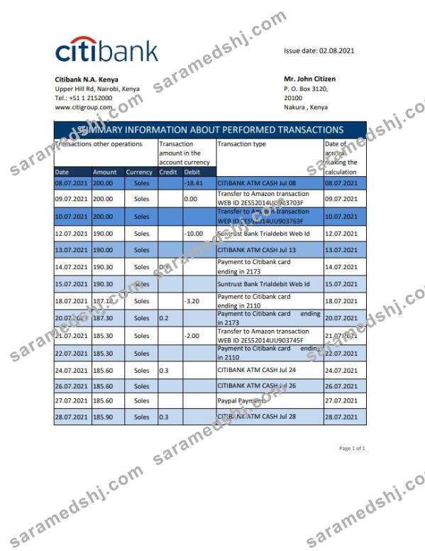 Kenya Citibank bank statement easy to fill template in .xls and .pdf file format